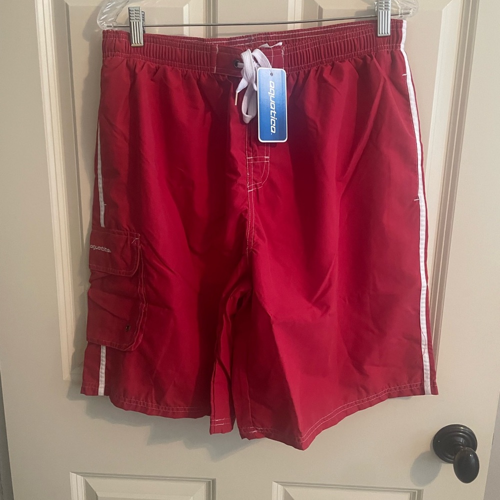 Red Board Shorts with White Drawstring and Side Stripe Swim Trunks